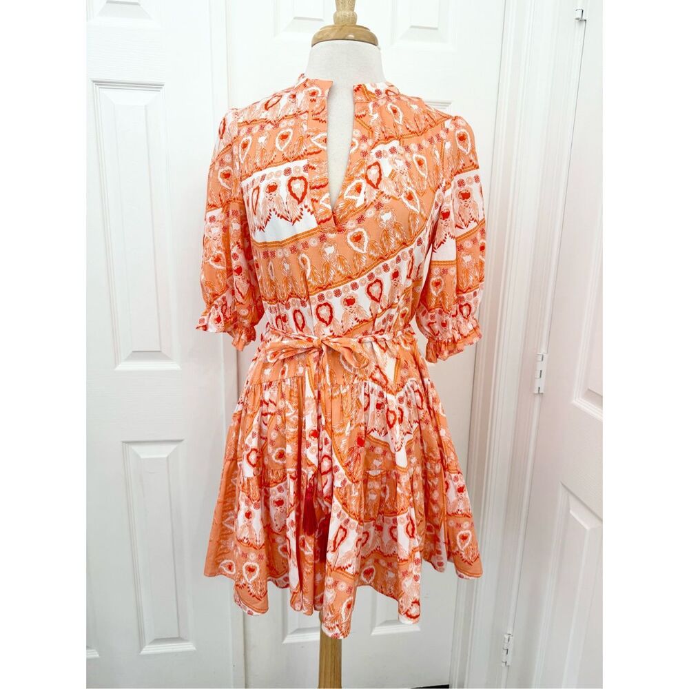 Paolita Orange Puff Sleeve Tie Waist Cotton Tiered Flounce Mini Dress Medium Rea